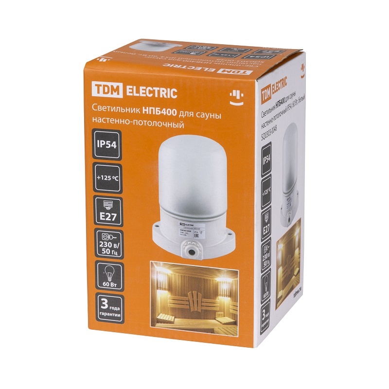 Светильник д/ сауны под E27, 60Вт, 230В, настенный/потолочный, IP54, белый пластик+стекло