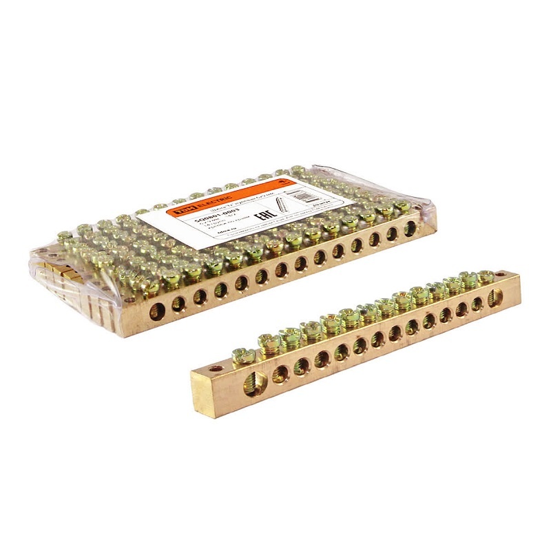 Шина "N" нулевая стандартная без изолятора 100А, 6х9 мм (14 отв.) крепеж ко краям