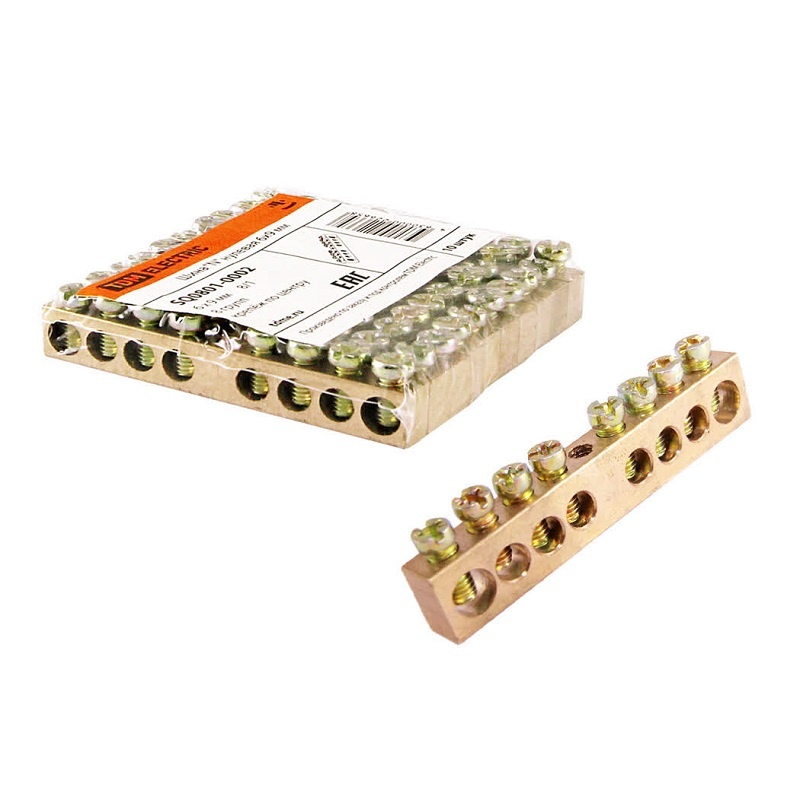 Шина "N" нулевая стандартная без изолятора 100А, 6х9 мм (8 отв.) крепеж по центру